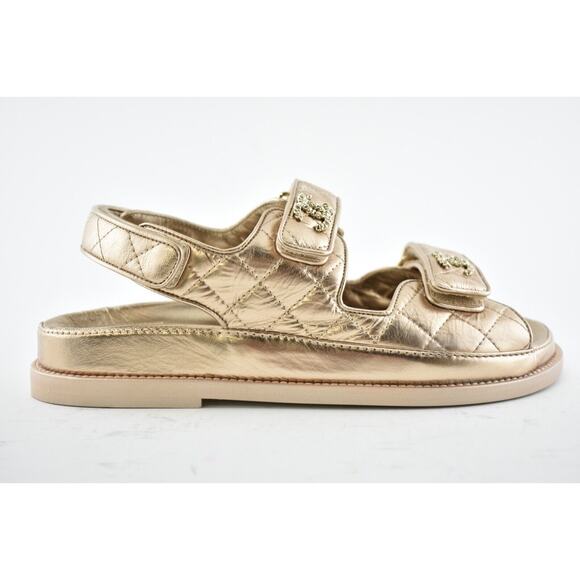 Chanel 21C Bronze Quilt Chain CC Logo Mule Slide Strap Flat Teva Dad Sandal 36.5 - Picture 2 of 12